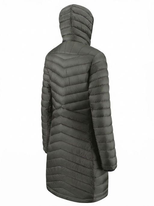 Куртка женская удлинённая стёганая с капюшоном и графеновой подкладкой цвета хаки 9628_1Kh