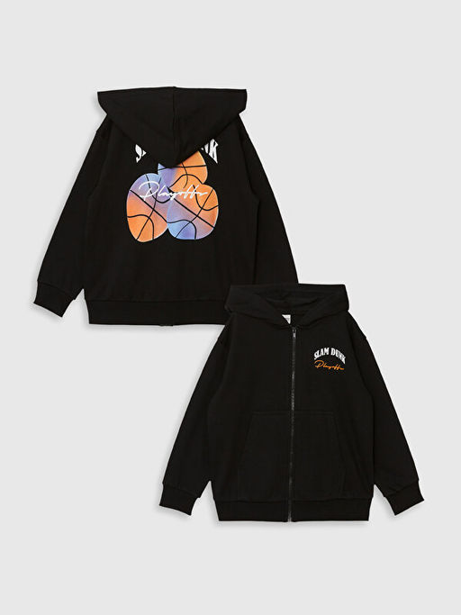 Kap??onlu Bask?l? Uzun Kollu Erkek ?ocuk Fermuarl? Sweatshirt