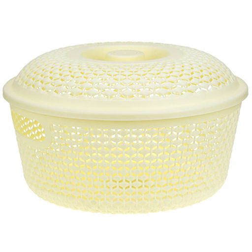 "Домашняя мода" Корзина-ящик пластмассовая "Оренбургская сеточка" д22,5см h10см, с крышкой, с ручками, ванильный (Китай)