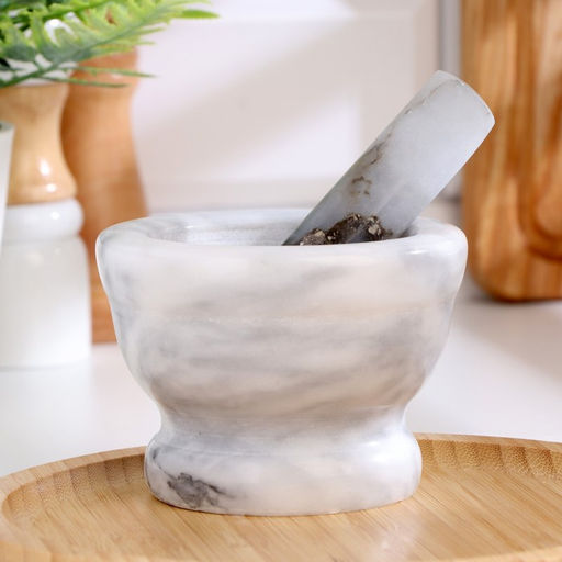 Ступка с пестиком, 130 мл, d=7 см, h=9 см, пестик 10.5 см, камень, белая