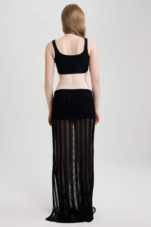 Черная длинная юбка узкого кроя с разрезом, связанным крючком - Defacto фото 3