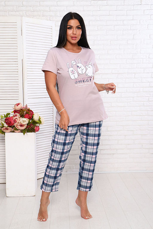 Костюм с брюками, принт, розово-бежевый (935-1)