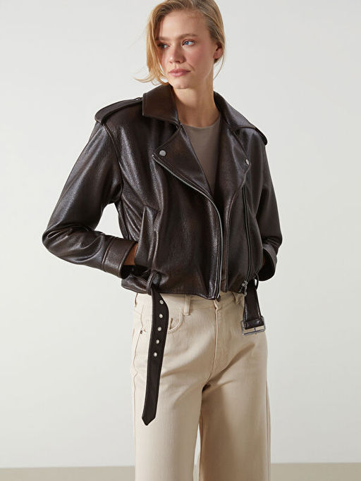 Biker Yaka Kemerli Kad?n Deri G?r?n?ml? Ceket