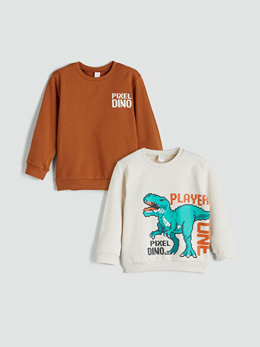 Bisiklet Yaka Bask?l? Erkek ?ocuk Sweatshirt 2li