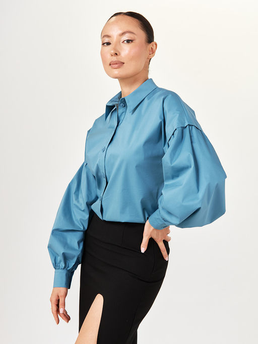 Рубашка блузка с пышным рукавом 100% хлопок голубой - Tantino фото 10