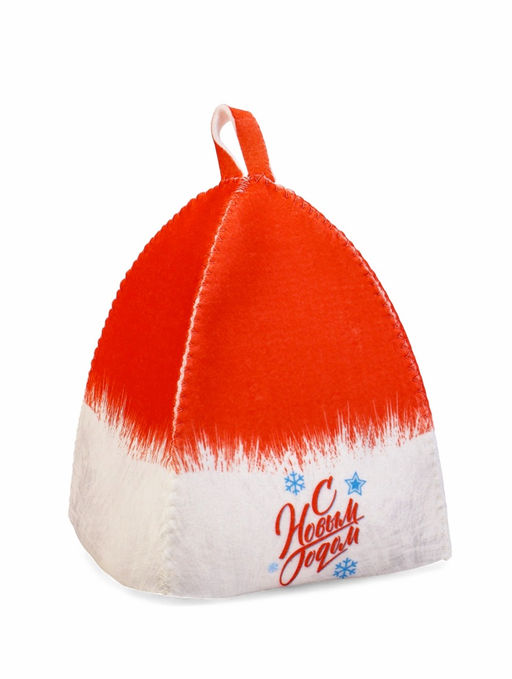 Набор для бани с принтом С новым годом!, 5 предметов: шапка, рукавица, тапочки, коврик, войлок, красный, Банная забава  фото 2