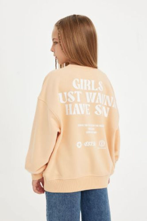 K?z Cocuk Oversize Genis Kal?p Bisiklet Yaka S?rt Bask?l? Sweatshirt