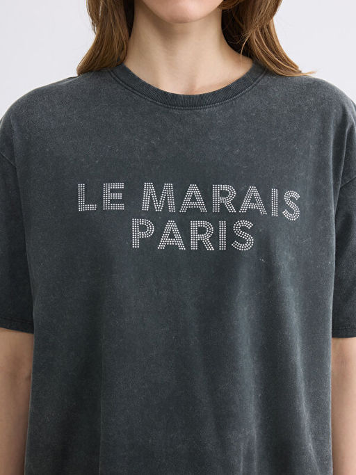 Paris Bask?l? Ta?l? Oversize Kad?n Ti??rt