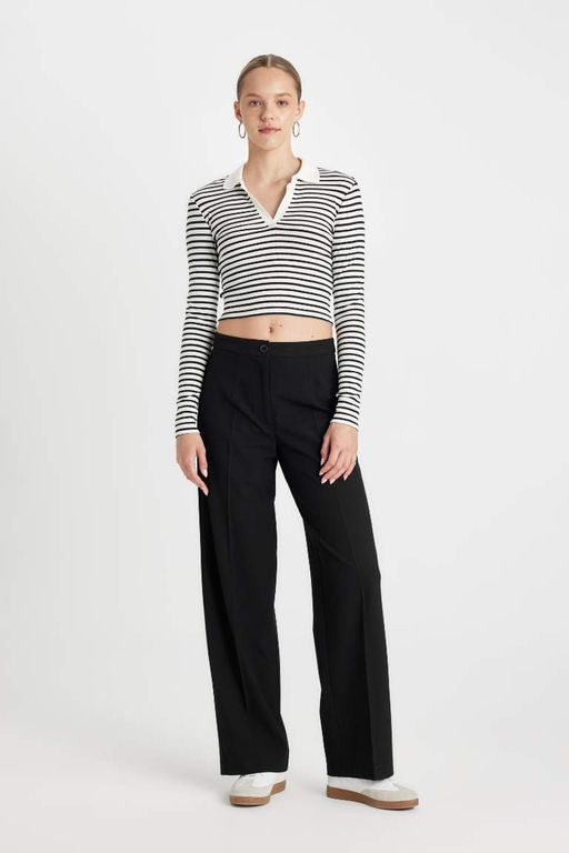 Приталенная полосатая футболка с воротником-поло и длинными рукавами - Defacto фото 2