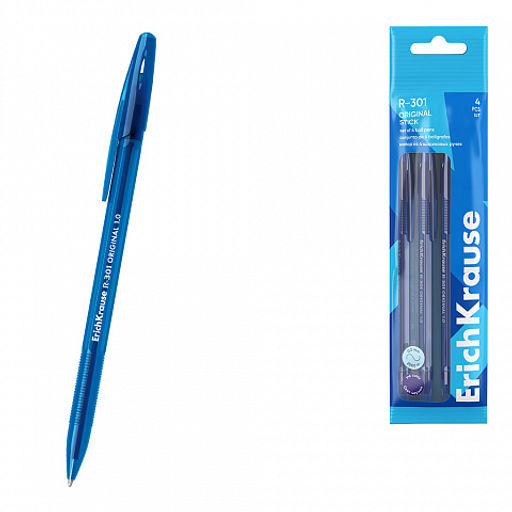 Цена за 12 шт. Набор из 4 ручек шариковых ErichKrause R-301 Stick Original 1.0, цвет чернил: синий, черный, красный, зеленый (в пакете)