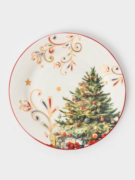 Тарелка новогодняя Доляна «Волшебное дерево», d=19.8 см, фарфор, белая