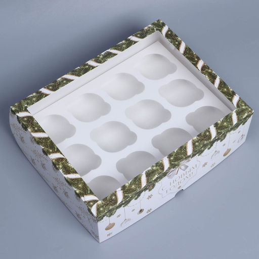 Цена за 4 шт. Коробка складная на 12 капкейков с окном «С Новым годом!» 32.5×25.5×10 см