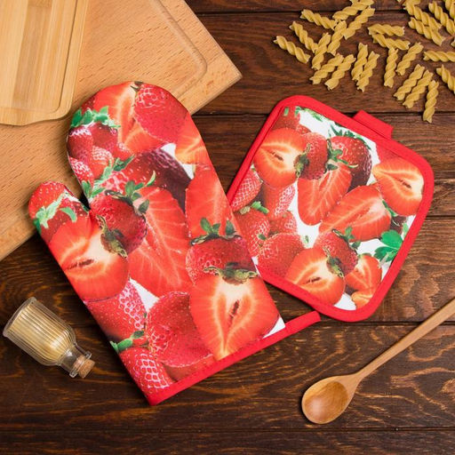 Кухонный набор Доляна «Клубника», прихватка 17×17 см, рукавица 26×16 см,100% п/э