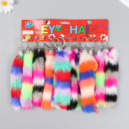 Цена за 12 шт. Пушистик на кольце "Хвост разноцветные полоски" МИКС h=15 см