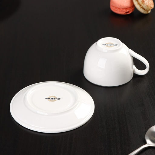Кофейная пара фарфоровая Magistro La Perle, 2 предмета: чашка 100 мл, блюдце d=11,5 см, цвет белый фото 4