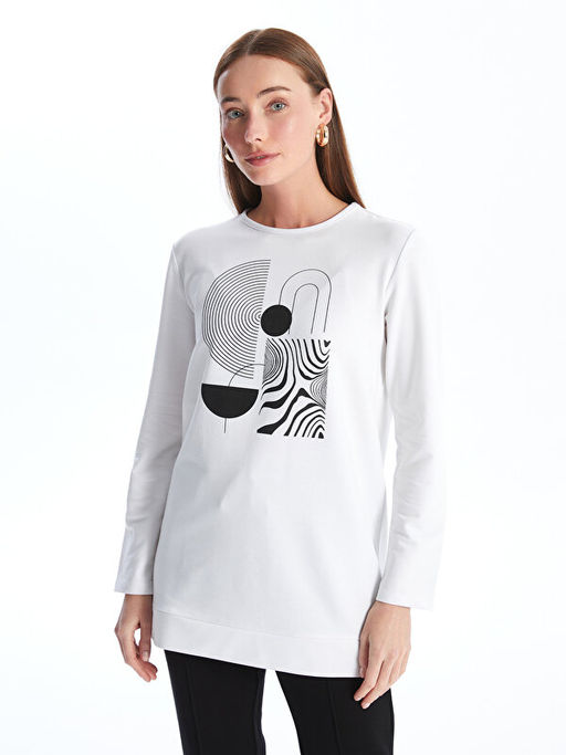 Bisiklet Yaka Bask?l? Kad?n Sweatshirt Tunik