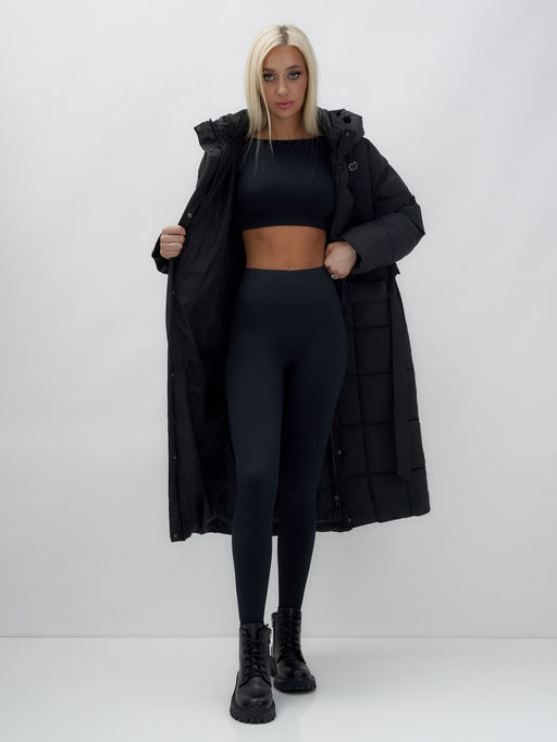 Пальто утепленное стеганное зимнее с капюшоном женское черного цвета 9609Ch - Mtforce фото 14
