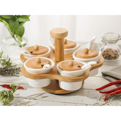Банки для хранения сыпучих с ложками на деревянной подставке Эстет, 5 предметов: 100 мл, 7.77 см, керамические, белые - Simaland фото 4