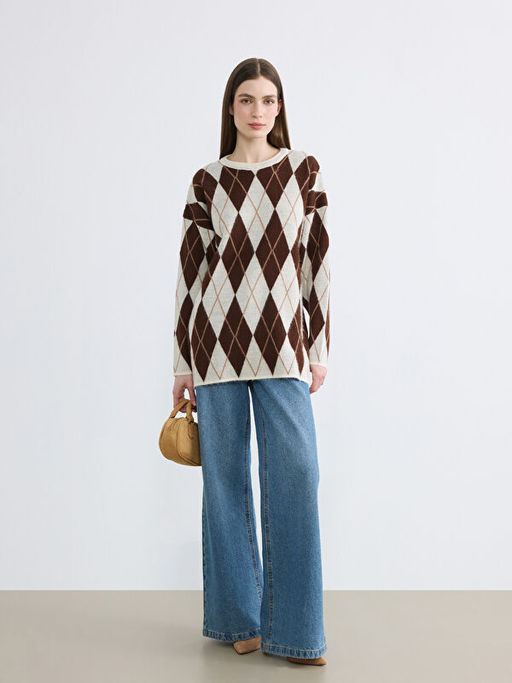 Bisiklet Yaka Baklava Desenli Kad?n Triko Kazak