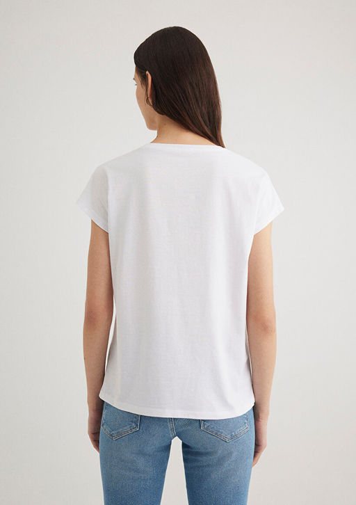 Kelebek Bask?l? Beyaz Tisort - Mavi фото 4