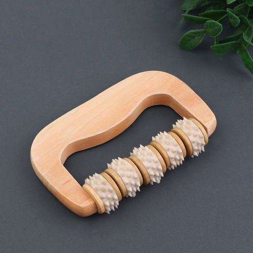 Массажёр «Коромысло», 14.5×8×3 см, деревянный, 5 колёс с шипами, бежевый