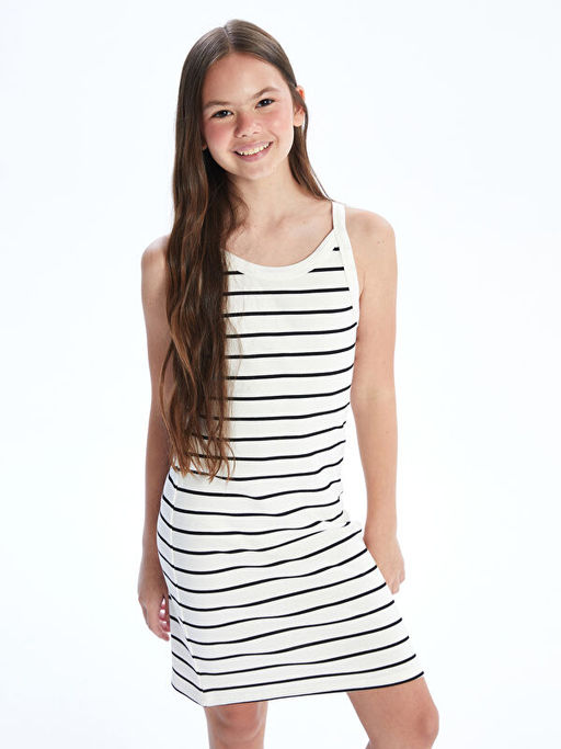 Bisiklet Yaka ?izgili K?z ?ocuk Elbise