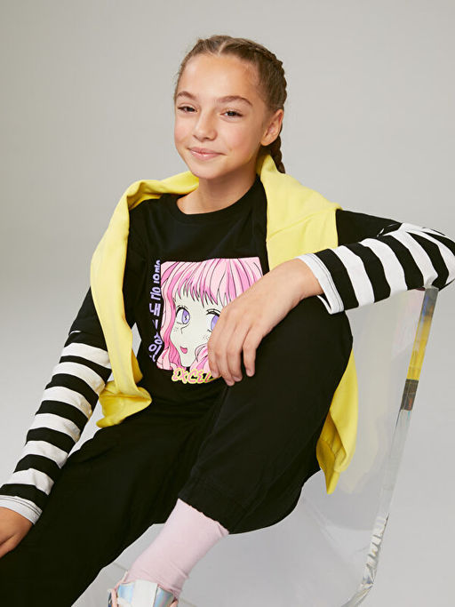 Bisiklet Yaka K-Pop Bask?l? Uzun Kollu K?z ?ocuk Ti??rt - Waikiki фото 2