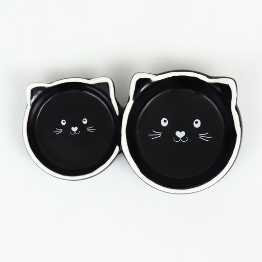 Миска для кошек керамическая Пижон "Кошачье семейство" 40/60 мл, двойная 19 х 10,5 х 3,5 см, чёрно-белая