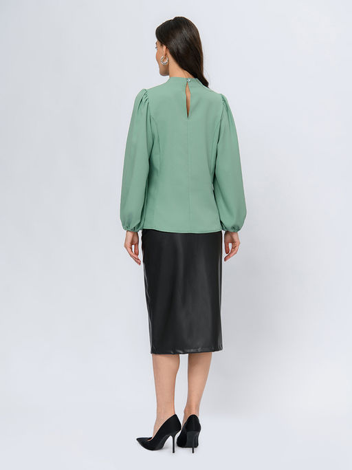 Блуза фисташкового цвета с длинными рукавами и разрезом на груди - 1001dress фото 3