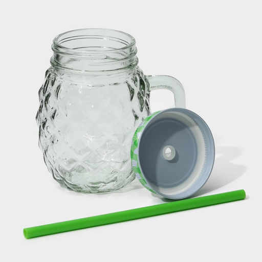 Кружка Доляна «Ананас», 500 мл, 11×8.5×13 см, стекло, с крышкой и трубочкой, прозрачная, зелёная