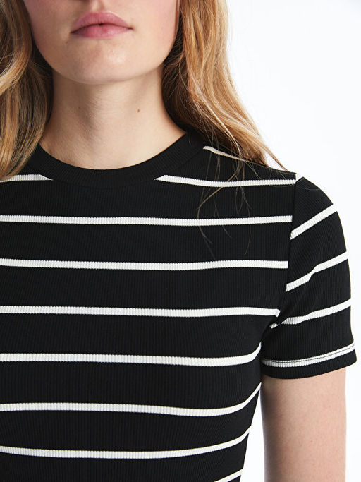 Bisiklet Yaka ?izgili K?sa Kollu Kad?n Bodycon Elbise