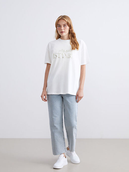 Bisiklet Yaka ?stanbul Bask?l? Kad?n Ti??rt