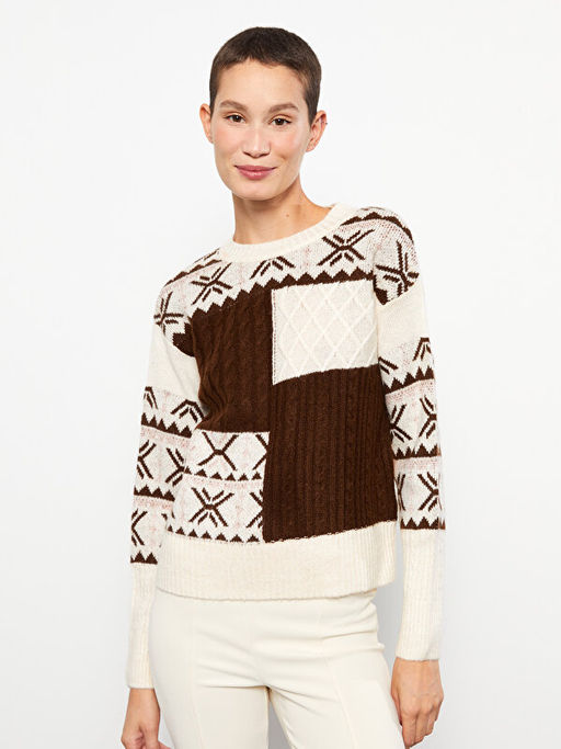 Bisiklet Yaka Desenli Uzun Kollu Kad?n Triko Kazak