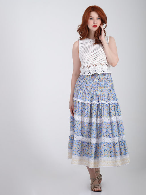 Юбка с мелким цветочным принтом летняя с кружевом - Almond фото 4