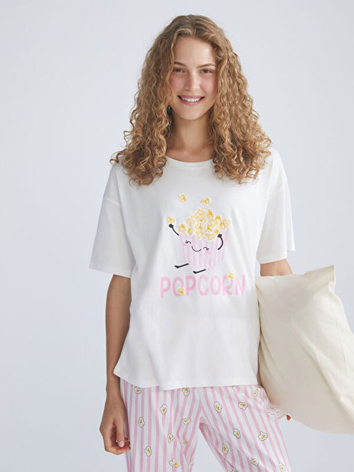 Bisiklet Yaka Bask?l? Kad?n Pijama Tak?m?