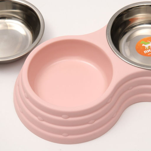 Миска металлическая двойная на пластиковом основании 2 х 160 мл, 25 х 14 х 5 см, розовая - Пижон фото 6