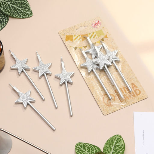 Цена за 2 шт. Свечи для торта 4 шт. «Блестящие звезды», серебряные