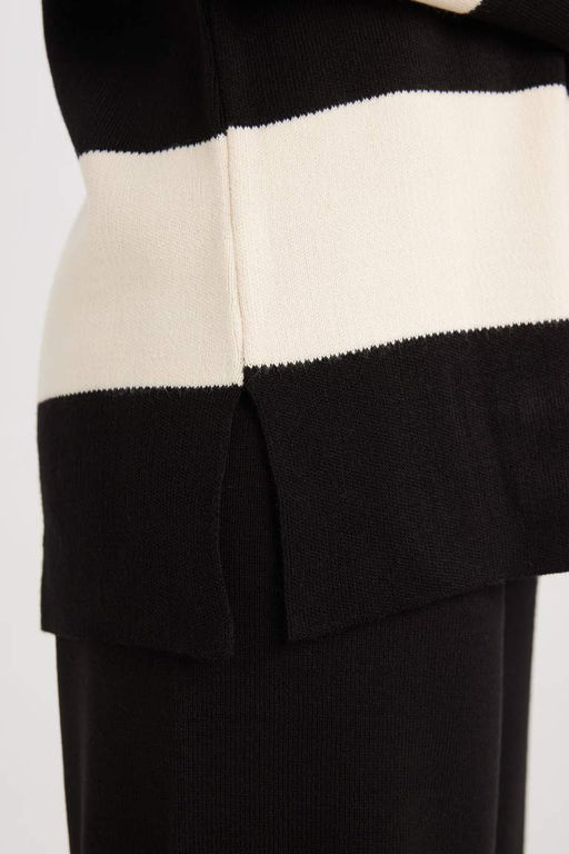 Свитер-туника обычного кроя в полоску с воротником-поло - Defacto фото 6