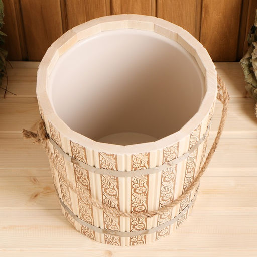 Ведро - запарник для бани и сауны «Русские узоры», 10 л, липа, пластиковая вставка, ручка - верёвка, «Добропаровъ»