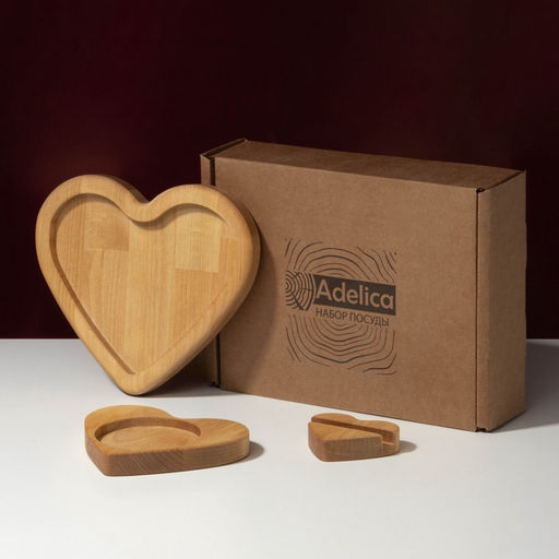 Подарочный набор посуды Adelica «Для тебя», тарелка 20×17 см, подставка под горячее и телефон, дерево берёза