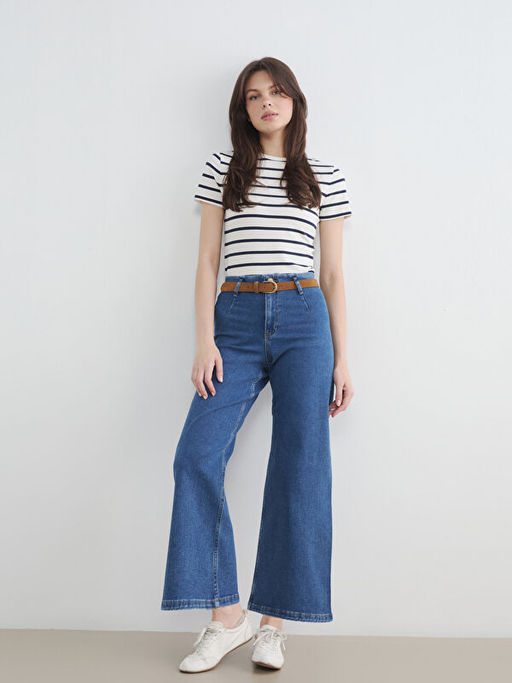 Beli Kemerli Wideleg Kad?n Jean Pantolon