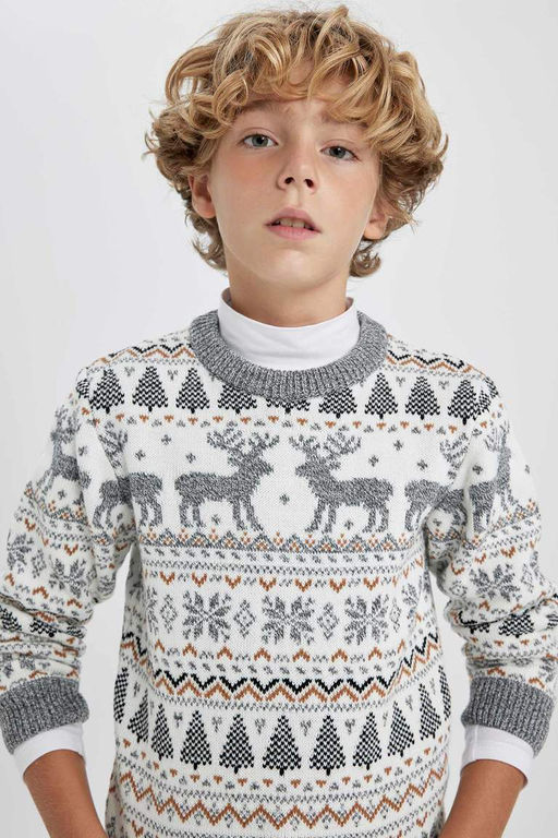 Свитер Mini Me с круглым вырезом в новогодней тематике для мальчика - Defacto фото 8