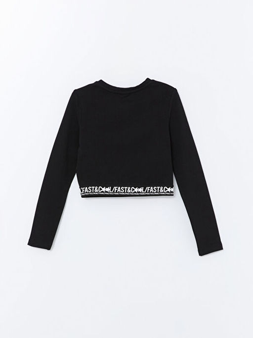 Bisiklet Yaka Bask?l? Uzun Kollu K?z ?ocuk Crop Ti??rt