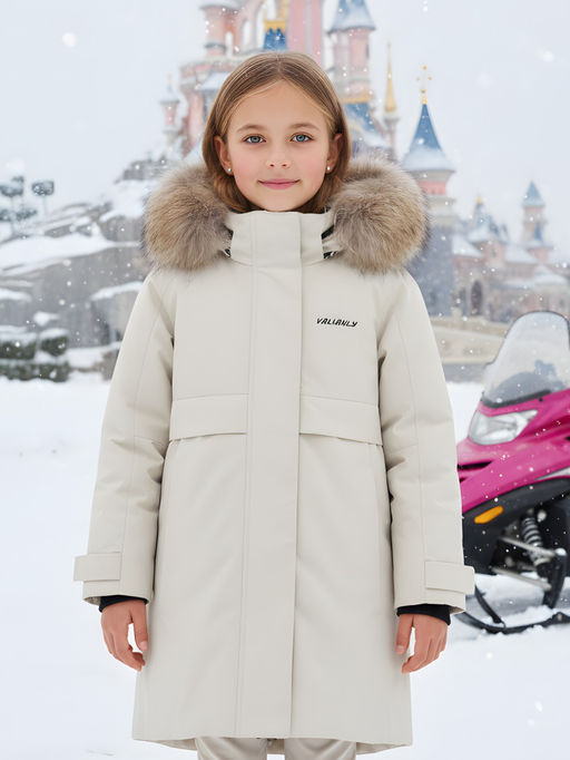 Парка зимняя подростковая для девочки с капюшоном и мехом бежевого цвета 9534B