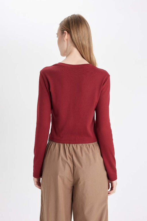 Женская классная однотонная футболка в рубчик с круглым вырезом и длинными рукавами - Defacto фото 6