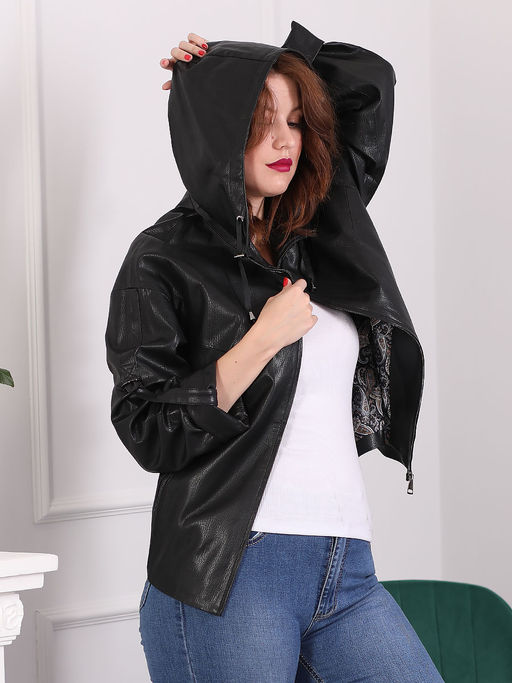 Куртка с капюшоном больших размеров кожаная черная - Almond фото 3