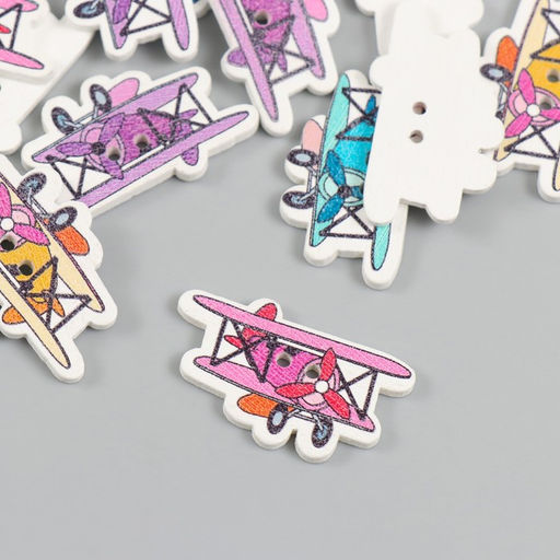 Цена за 2 шт. Пуговицы дерево для творчества 2 прокола Самолет с пропеллером, набор 20 шт., 3.2?1.9 см