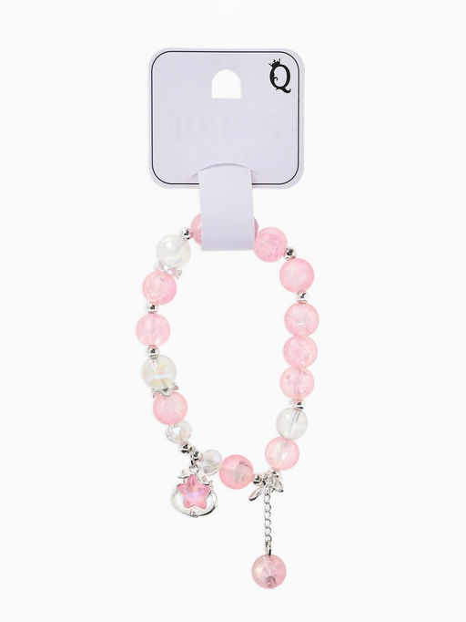 Браслет с подвесками "Сахарный" звезда, шар №10/8, цвет розово-белый матовый в серебре