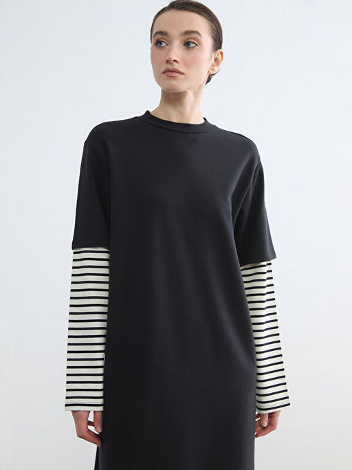 Bisiklet Yaka ?izgili Sweat Elbise