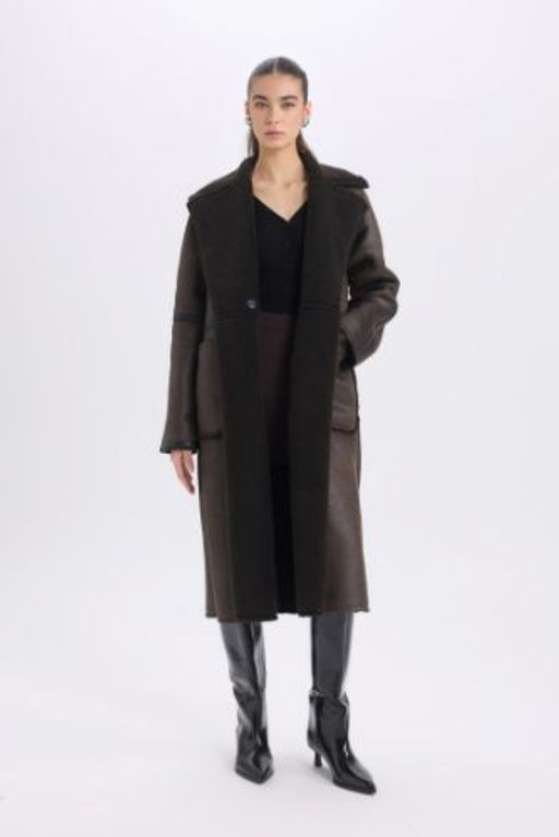 Regular Fit Smokin Yaka Suni Deri Dugmeli Cepli Pelus Astar Parka